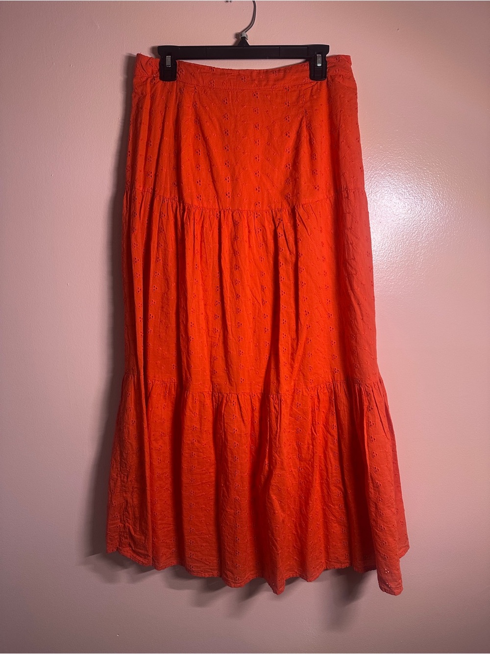 100% Cotton Cottagecore Boho Orange Tiered Eyelet Maxi Skirt